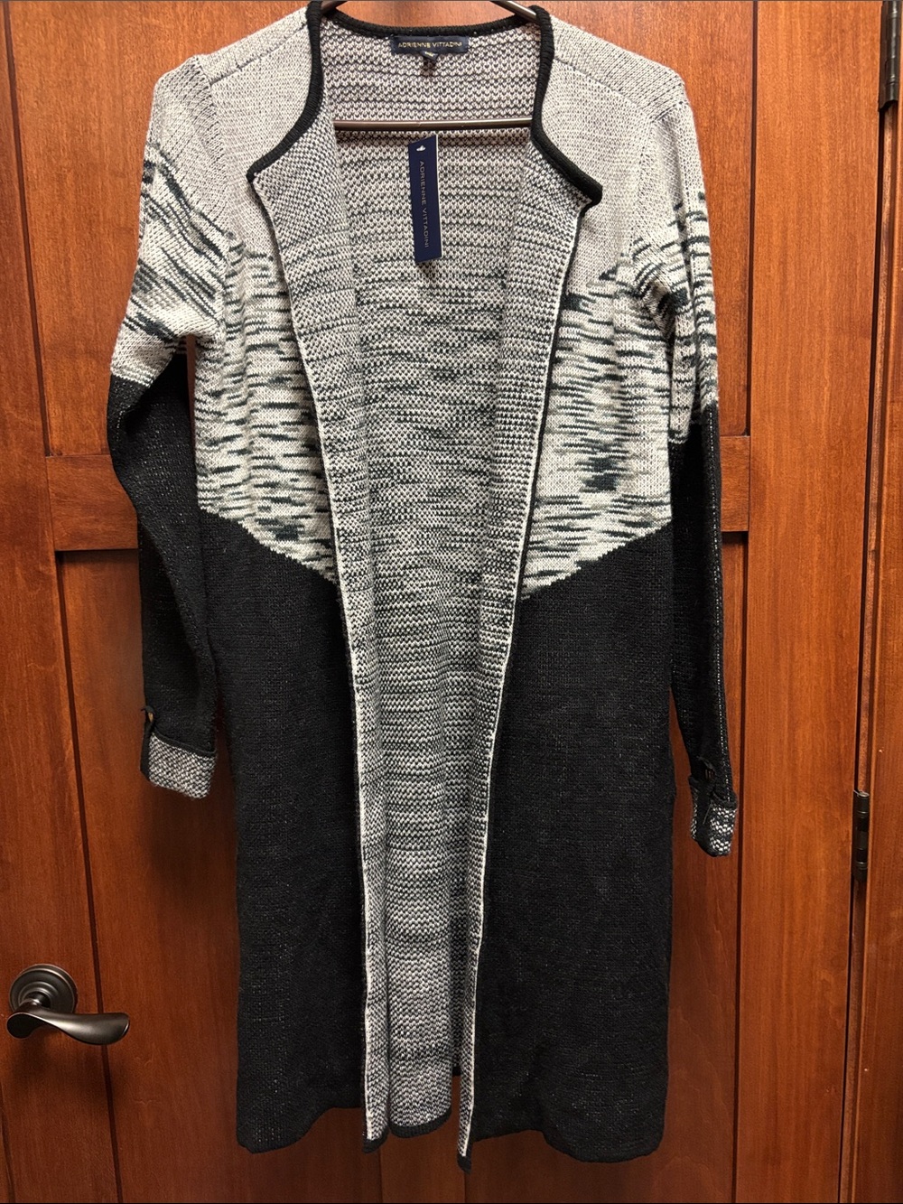Adrienne Vittadini Long Open-Front Cardigan in Black & Gray